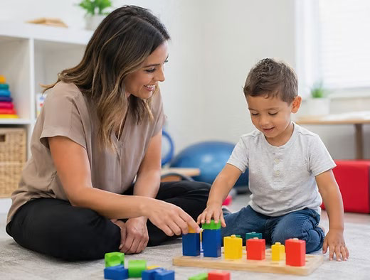 A clinician working with a child on a floor-based play activity